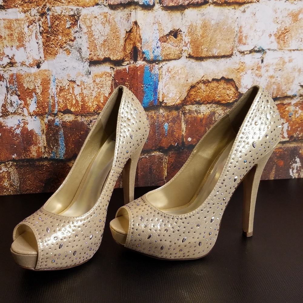 Rhinestone peep toe pumps